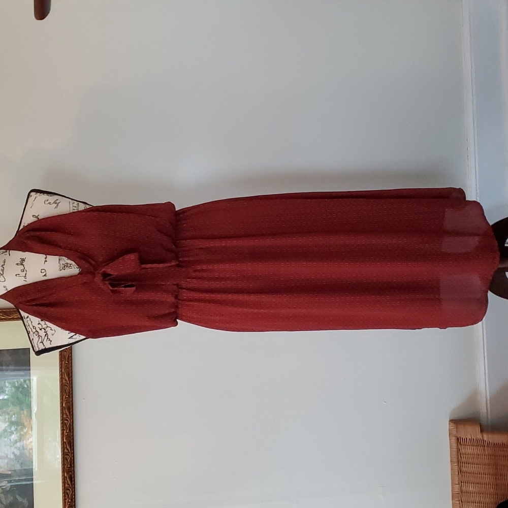 Everly, brown tie neck midi dress
